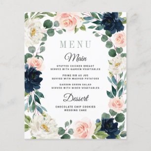 Navy and Blush Pink Watercolor Wedding Menu Cards