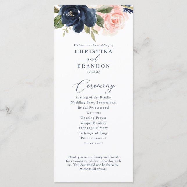 Navy and Blush Pink Wedding Program Menu (Front)