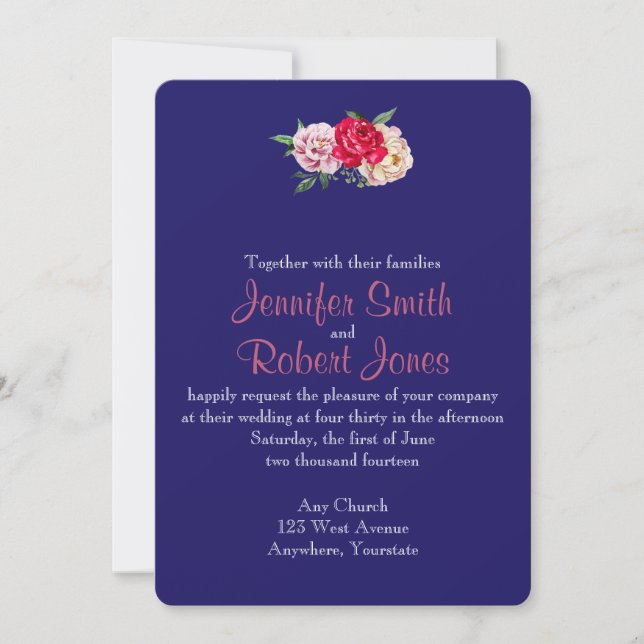 Navy and Blush Stripes Flowers Wedding Invitation (Front)