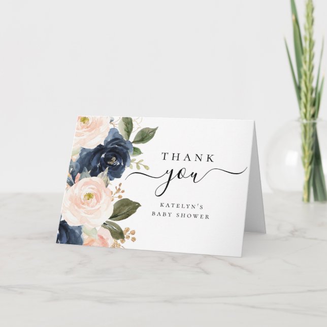Navy and Blush Thank You Card with Gold Accents (Front)
