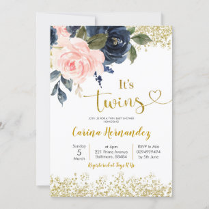 Navy and Blush Twins Baby Shower Invitation
