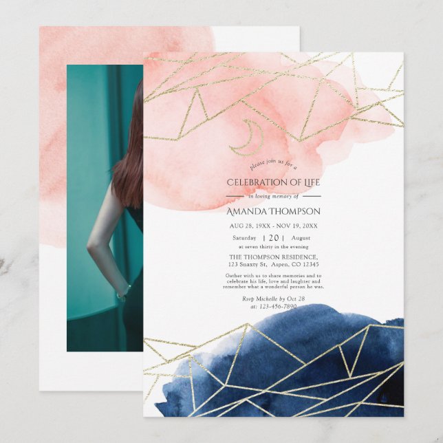 Navy and Blush Watercolor Celebration of Life Invitation (Front/Back)