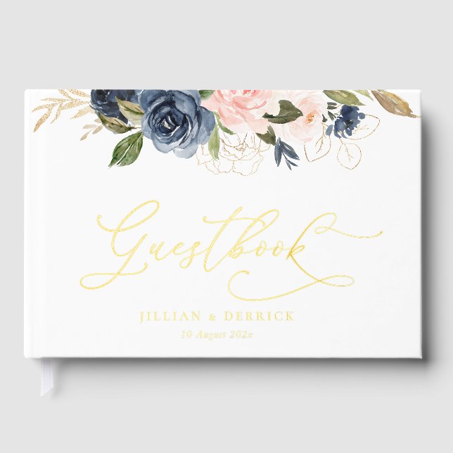 navy and blush watercolor floral wedding guest book (Front)
