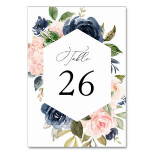 Navy and blush watercolor floral wedding table number
