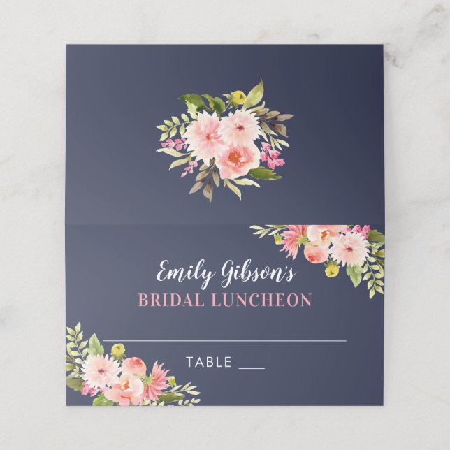 Navy and Blush Watercolor Flowers Bridal Luncheon Place Card (Outside Unfolded)