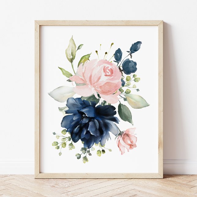 Navy and Blush Watercolor Flowers, Girl Nursery Photo Print (Creator Uploaded)