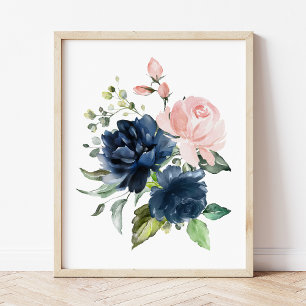 Navy and Blush Watercolor Flowers, Girl Nursery Photo Print