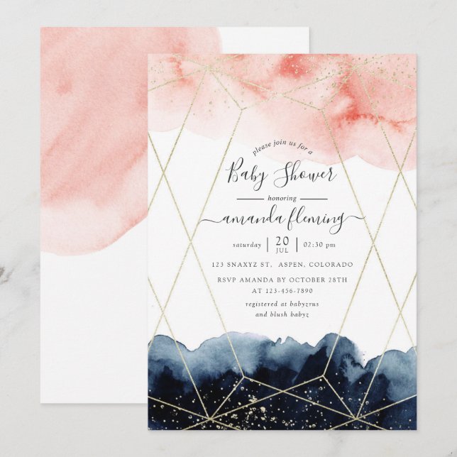Navy and Blush Watercolor Geometric Baby Shower Invitation (Front/Back)