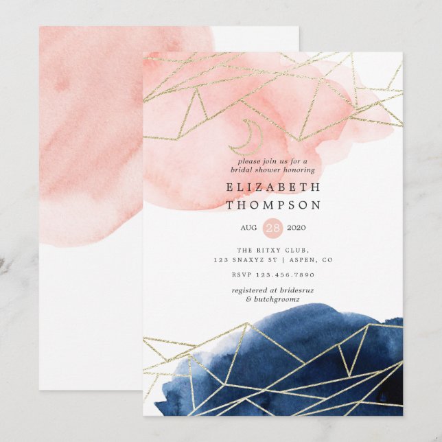Navy and Blush Watercolor Geometric Bridal Shower Invitation (Front/Back)