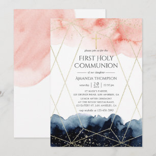 Navy and Blush Watercolor Geometric Holy Communion Invitation