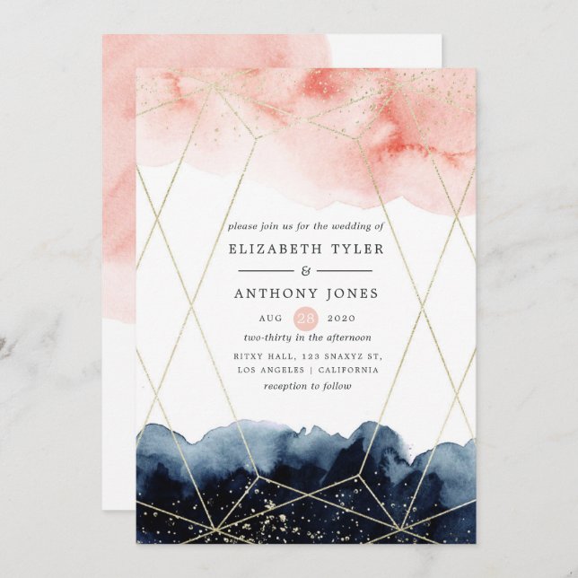 Navy and Blush Watercolor Geometric Wedding Invitation (Front/Back)