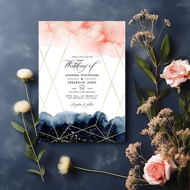 Navy and Blush Watercolor Geometric Wedding Photo Invitation (Creator Uploaded)