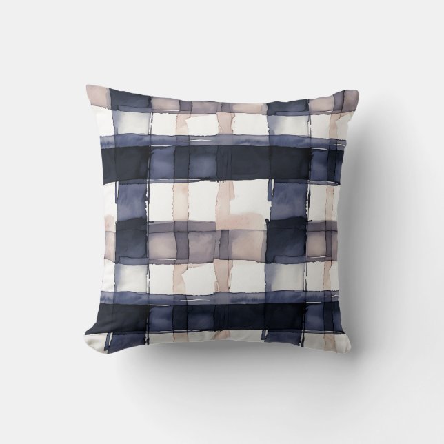 Navy and Blush Watercolor Plaid Throw Pillow (Front)