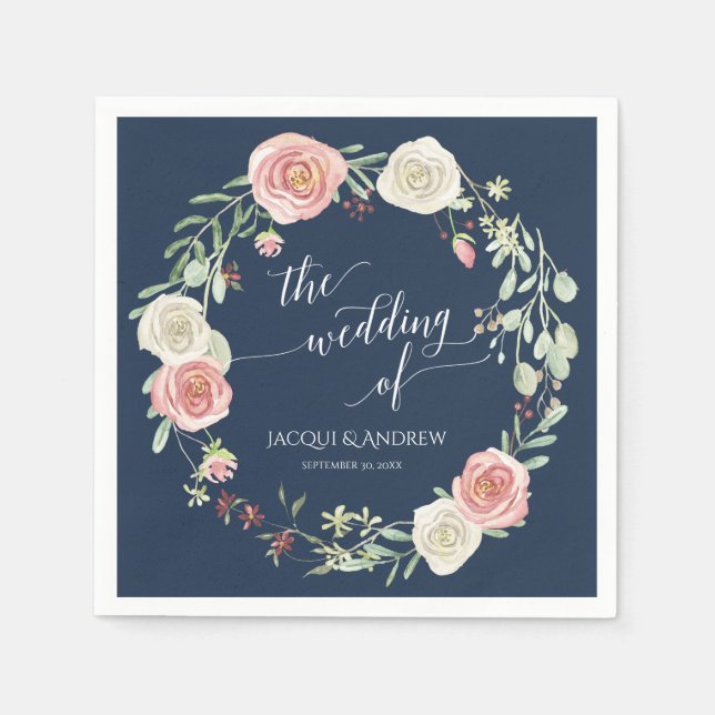 Navy and Blush Wedding Ivory White rose Eucalyptus Napkin (Front)