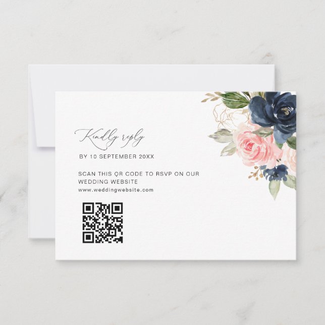 navy and blush wedding QR code RSVP card (Front)