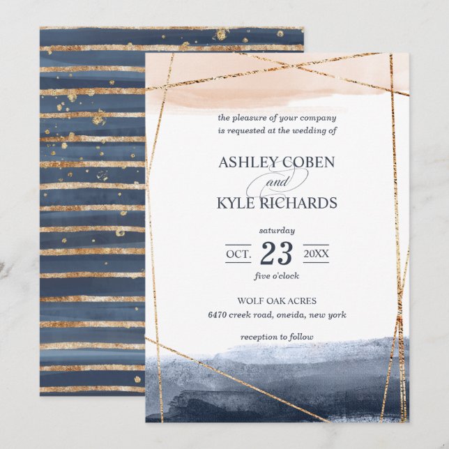 Navy and Blush with Gold Frame Wedding Invitation (Front/Back)