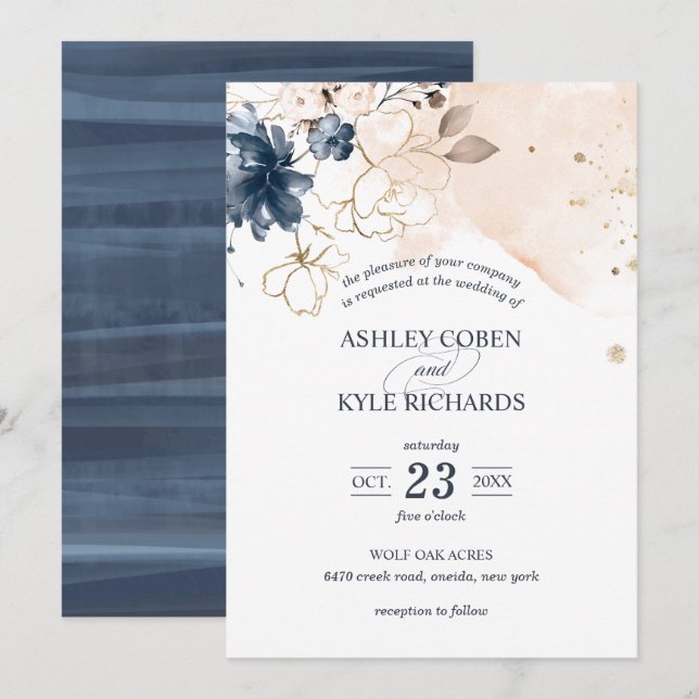 Navy and Blush with Hand Drawn Flowers Wedding Invitation (Front/Back)