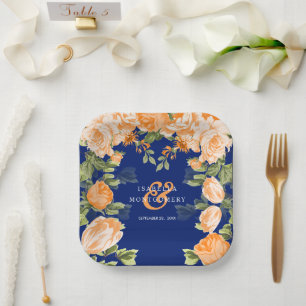 Navy and Botanical Orange Flowers Paper Plate