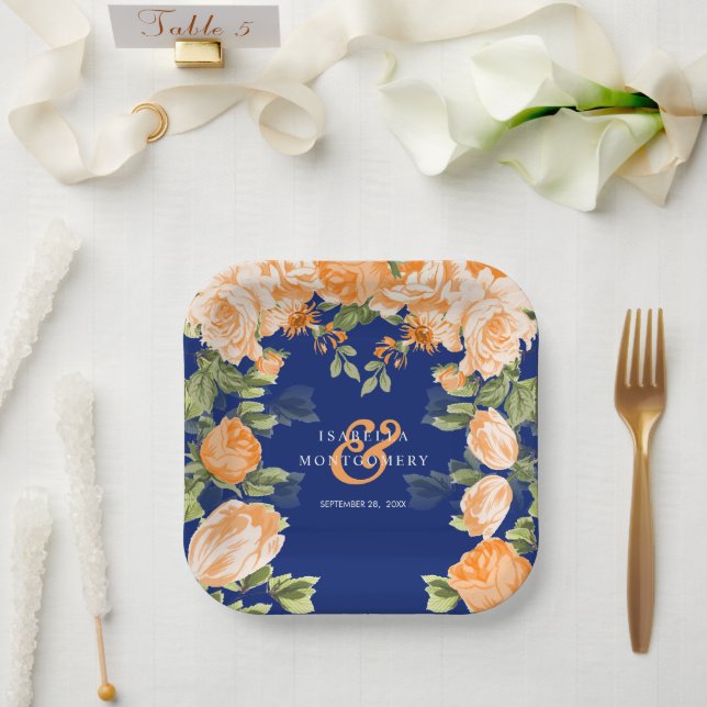 Navy and Botanical Orange Flowers Paper Plate (Wedding)