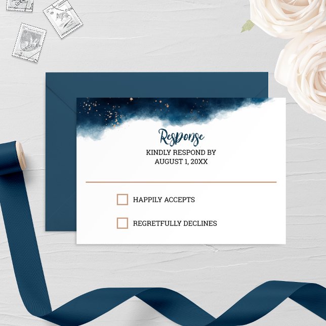 Navy and Bronze Watercolor Wedding RSVP Card (Creator Uploaded)