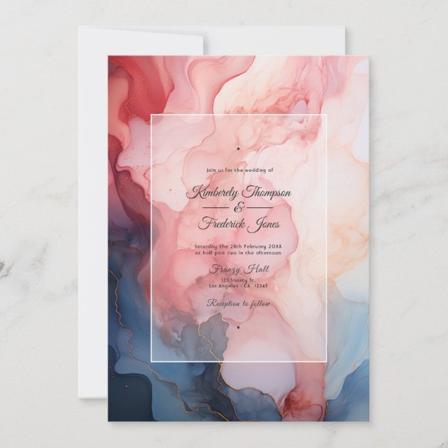 Navy And Burgundy Alcohol Ink Wedding Invitation (Front)