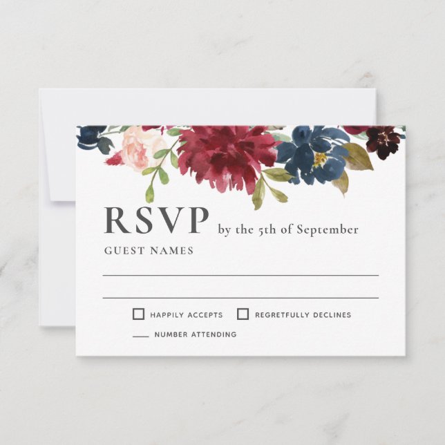 Navy and Burgundy Elegant Floral Wedding RSVP Card (Front)