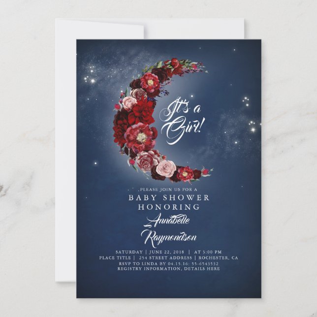 Navy and Burgundy Floral Moon Baby Shower Invitation (Front)