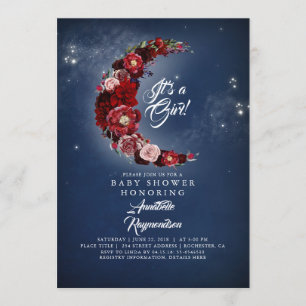 Navy and Burgundy Floral Moon Baby Shower Invitation