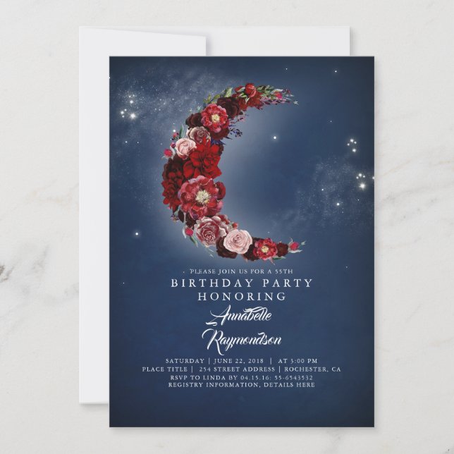 Navy and Burgundy Floral Moon Birthday Party Invitation (Front)