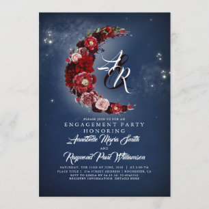 Navy and Burgundy Floral Moon Engagement Party Invitation