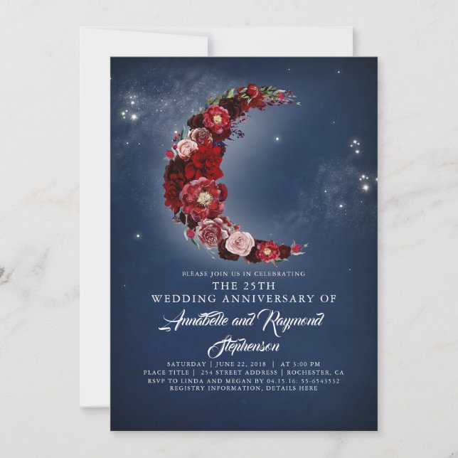 Navy and Burgundy Floral Moon Wedding Anniversary Invitation (Front)