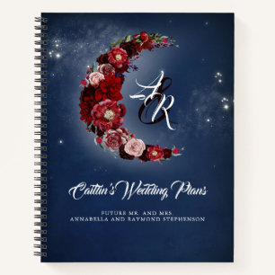 Navy and Burgundy Floral Moon Wedding Plans Notebook