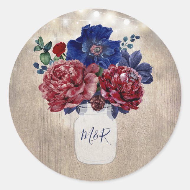 Navy and Burgundy Floral Rustic Country Wedding Classic Round Sticker (Front)