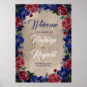 Navy and Burgundy Floral Rustic Wedding Welcome Poster
