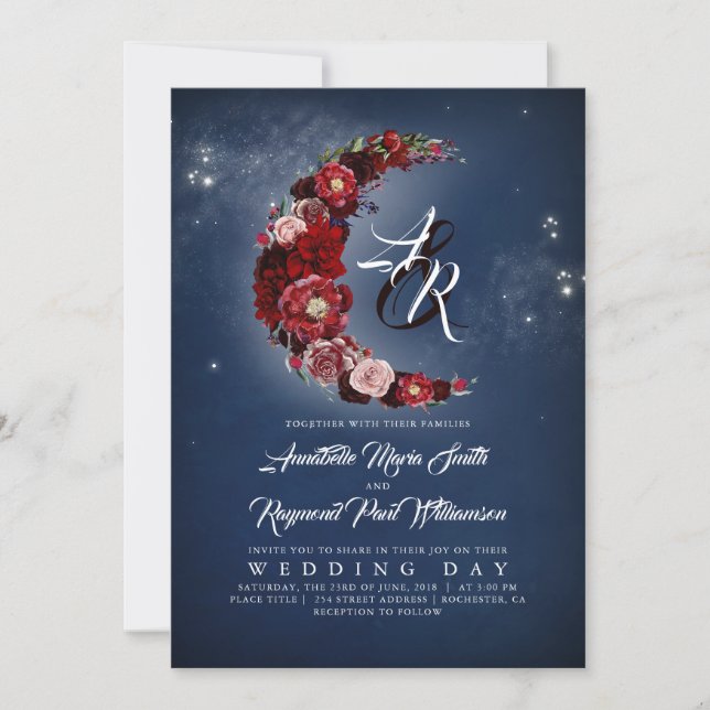 Navy and Burgundy Floral Starry Night Moon Wedding Invitation (Front)