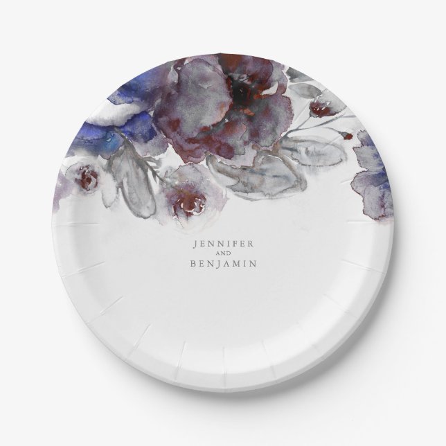 Navy and Burgundy Floral Watercolor Elegant Paper Plate (Front)
