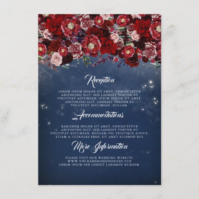 Navy and Burgundy Floral Wedding Information Guest Enclosure Card (Front)