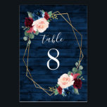 Navy and Burgundy Gold Blush Wedding Table Numbers<br><div class="desc">Navy Blue Burgundy Gold Blush Pink Country Wedding Table Number Cards - feature a dark navy blue barn or wood grain background decorated with a printed gold geometric frame that's trimmed with floral and greenery elements in shades of navy, pink, burgundy and more. View the matching collection on this page...</div>