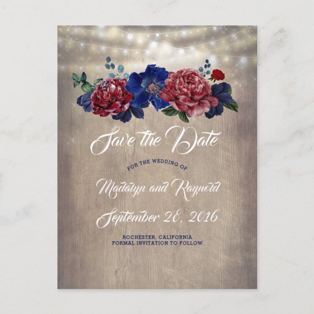Navy and Burgundy Rustic Country Save the Date Announcement Postcard (Front)