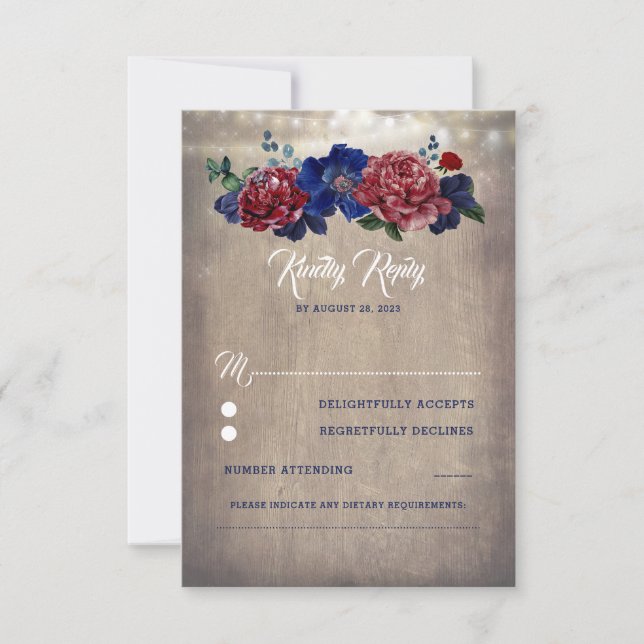 Navy and Burgundy Rustic Floral Wedding RSVP (Front)