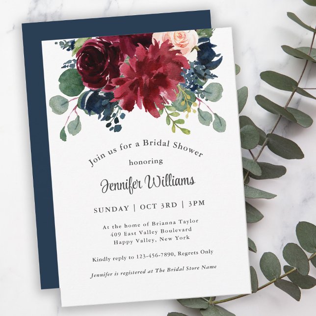 Navy and Burgundy Watercolor Floral Invitation (Creator Uploaded)