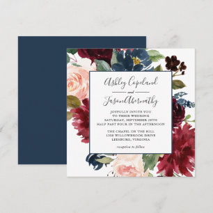Navy and Burgundy Watercolor Floral Wedding Invitation