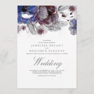 Navy and Burgundy Watercolor Floral Wedding Invitation
