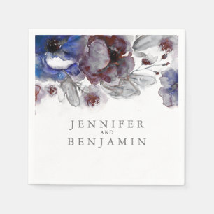 Navy and Burgundy Watercolor Flowers Napkin