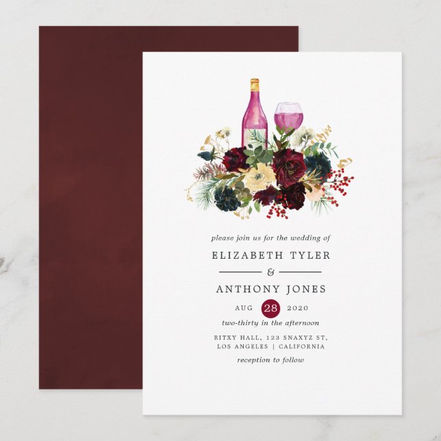Navy and Burgundy Wine Christmas Floral Wedding Invitation (Front/Back)