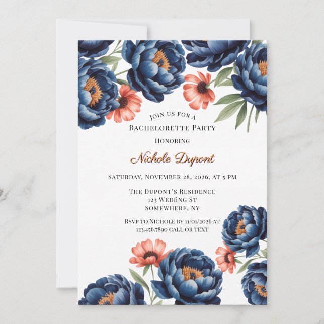 Navy and Burnt Orange Floral Bachelorette Party Invitation (Front)