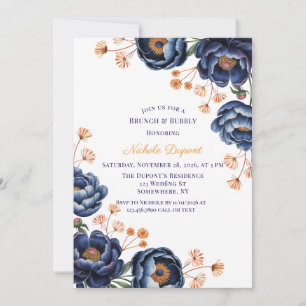 Navy and Burnt Orange Floral Brunch & Bubbly Invitation