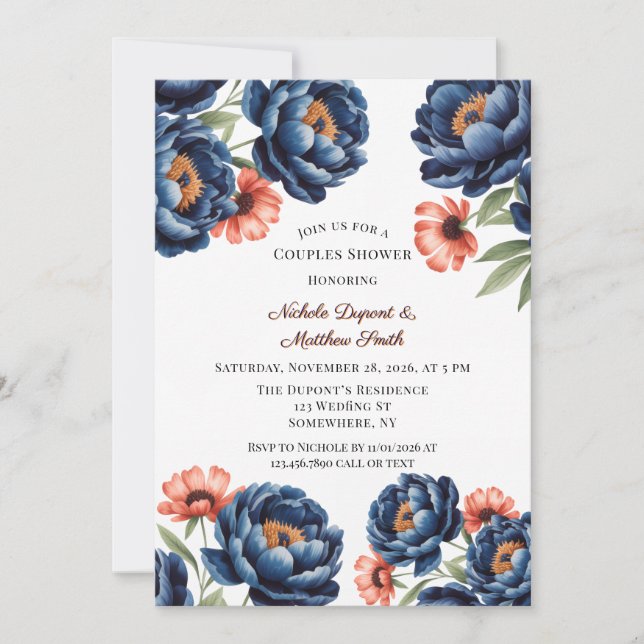 Navy and Burnt Orange Floral Couples Shower Invitation (Front)