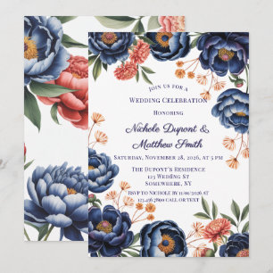 Navy and Burnt Orange Floral Wedding Celebration Invitation