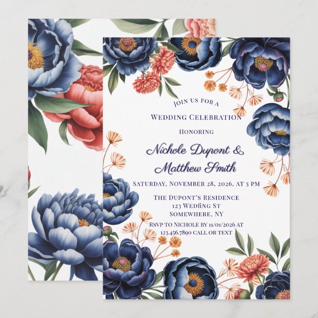 Navy and Burnt Orange Floral Wedding Celebration Invitation (Front/Back)